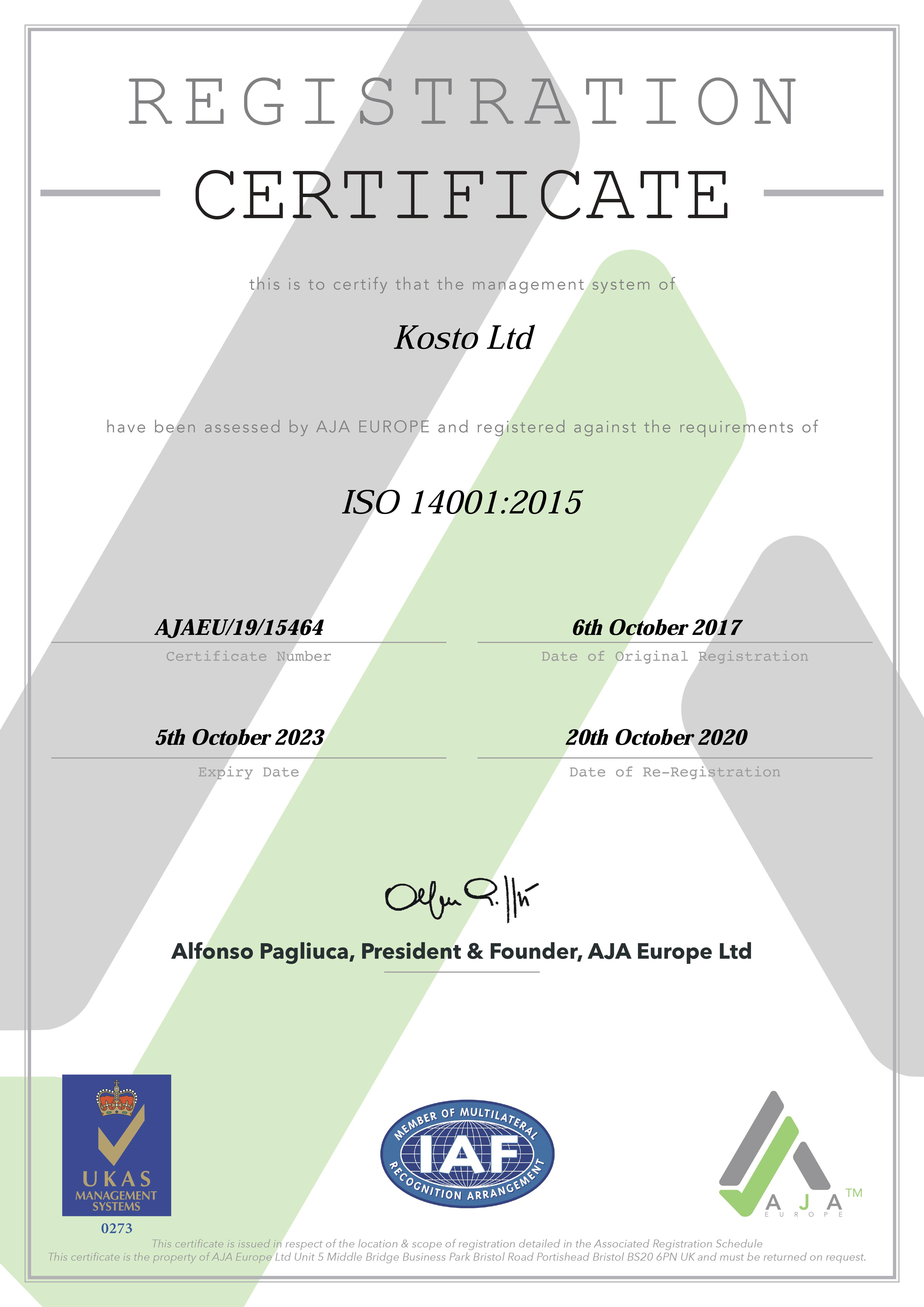 ISO 14001 certificate 2017 Home